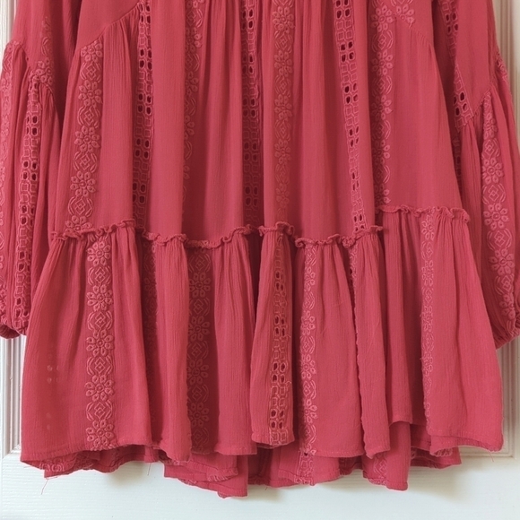 Free People Sweetest Dream Embroidered Long Puff Sleeve Tiered Tunic Top Pink XS - Picture 7 of 16